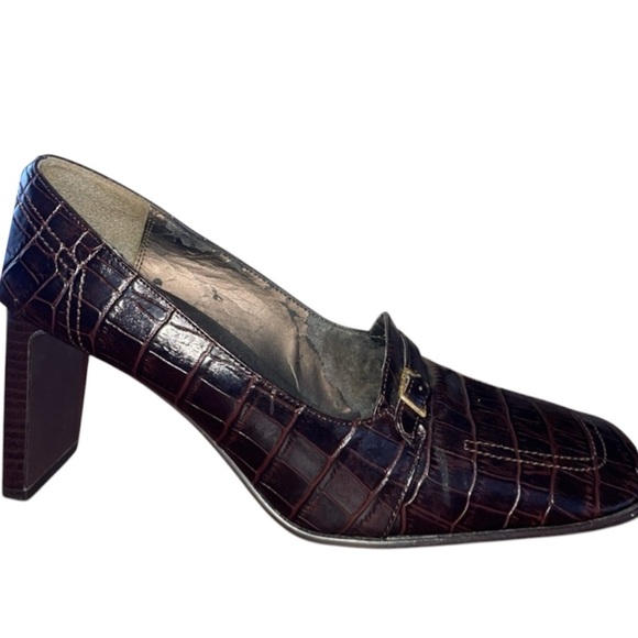 Nina Square Toe Chocolate Croc Embossed Alligator Pumps Gold Buckle Hardware Sz9 - Picture 2 of 10